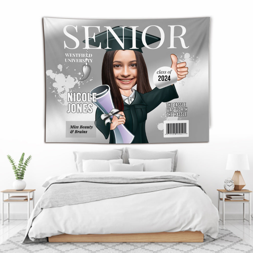 Karikatur auf dem Cover eines Senior-Magazins – personalisierter Wandteppich zur Abschlussfeier