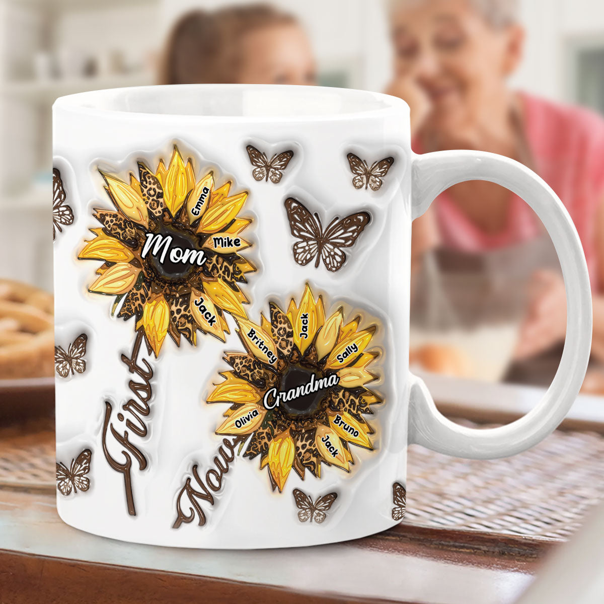 Erst Mama, jetzt Oma – Sonnenblumen-Aufblasbecher – Personalisierte Oma-Tasse