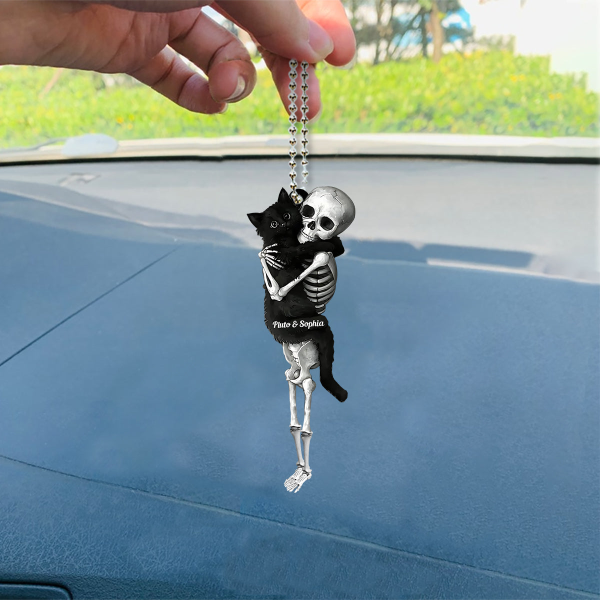 Funny Skeleton & Cat - Personalized Black Cat Custom Shaped Car Ornament