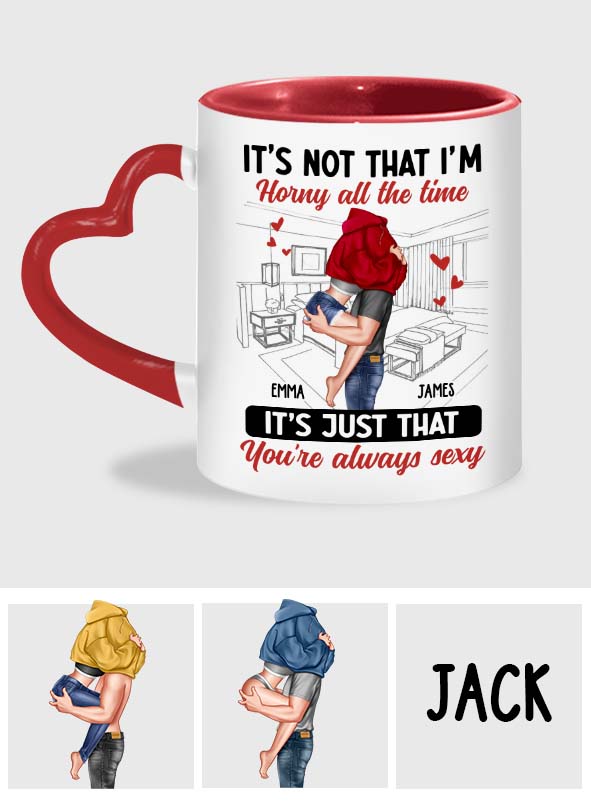„Ich bin nicht ständig geil“ – personalisierte Tasse mit Herzgriff für Paare