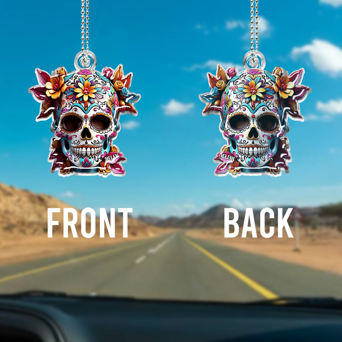 Blumenzuckerschädel – Personalisierter Totenkopf-Autoanhänger in individueller Form