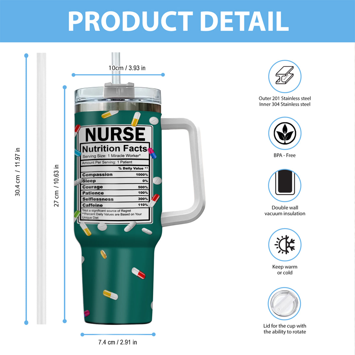 Nurse Nutrition Facts - Personalized Nurse Tumbler With Handle