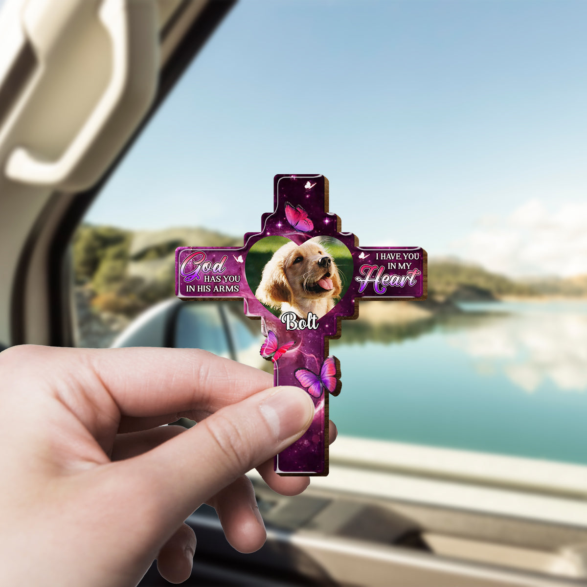 Individuelles Foto – Für immer in unseren Herzen – Personalisierter, denkmalgeschützter Auto-Sonnenblendenclip