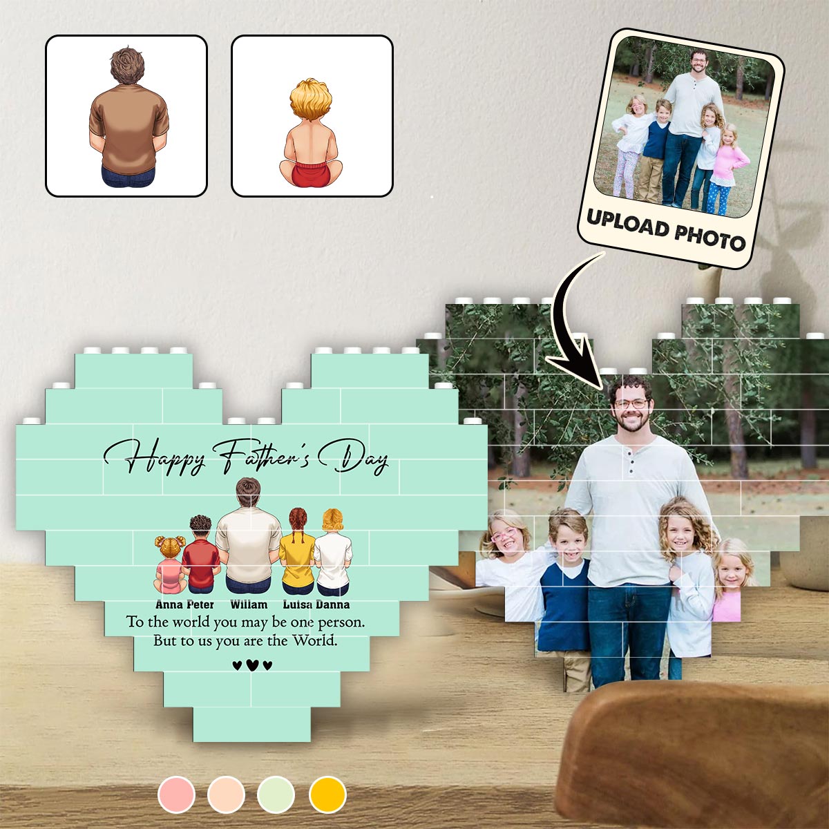 Alles Gute zum Vatertag! Bester Papa aller Zeiten – Rückansicht – Mann & Kinder – Personalisierter Vaterherz-Baustein, beidseitig bedruckt