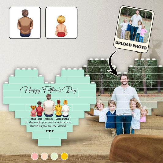 Alles Gute zum Vatertag! Bester Papa aller Zeiten – Rückansicht – Mann & Kinder – Personalisierter Vaterherz-Baustein, beidseitig bedruckt