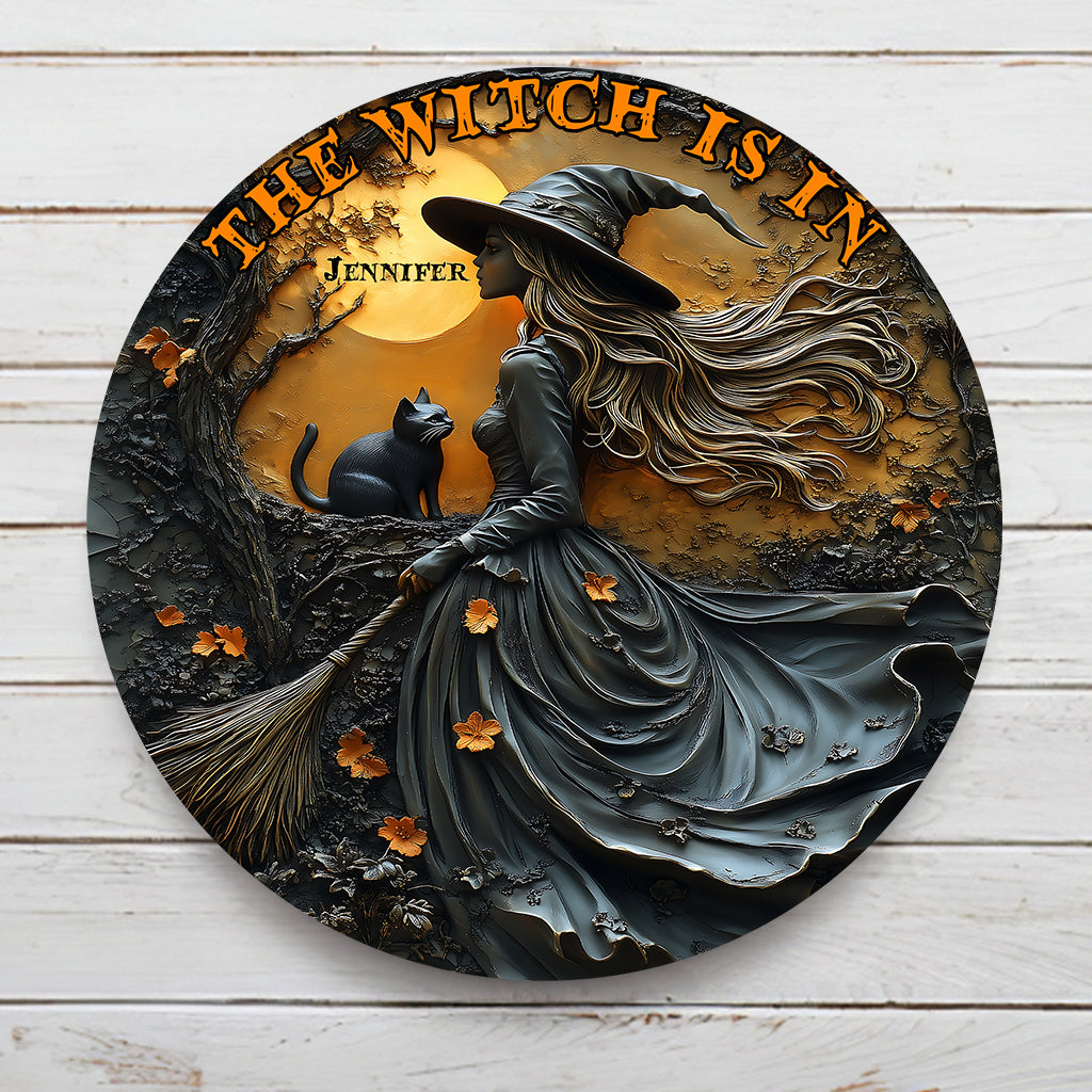 Beautiful Witch & Her Black Cat - Personalized Witch Round Metal Sign