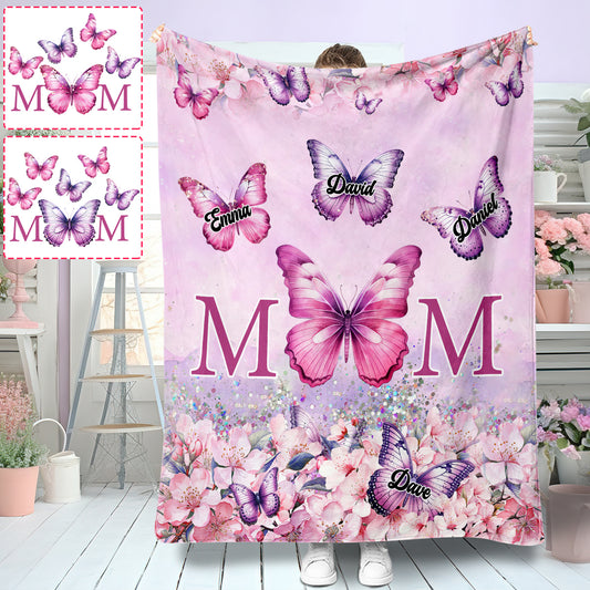 Personalisierte Mutterdecke mit rosa Blumen und Schmetterlingen