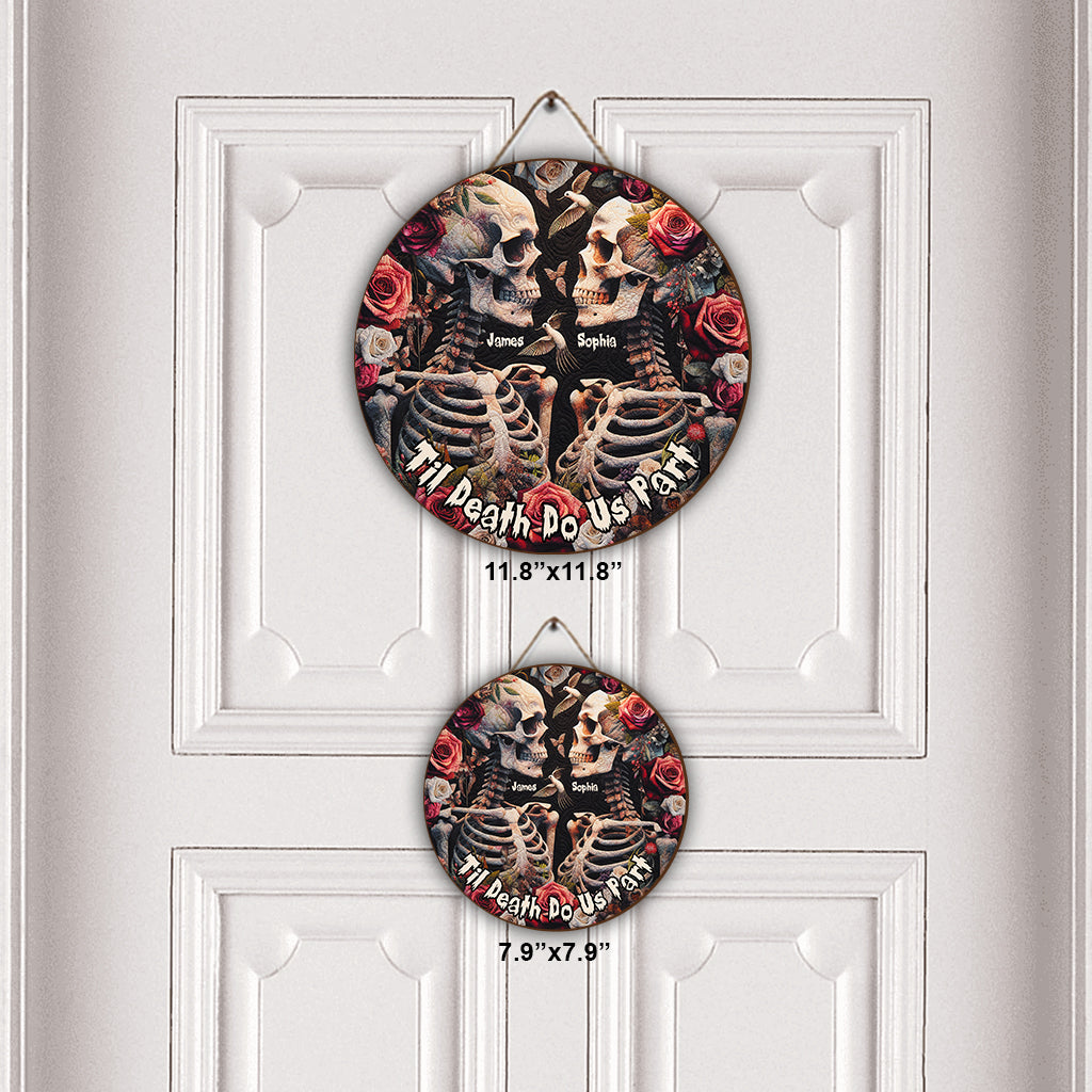 Bis dass der Tod uns scheidet – Personalisiertes rundes Totenkopf-Holzschild