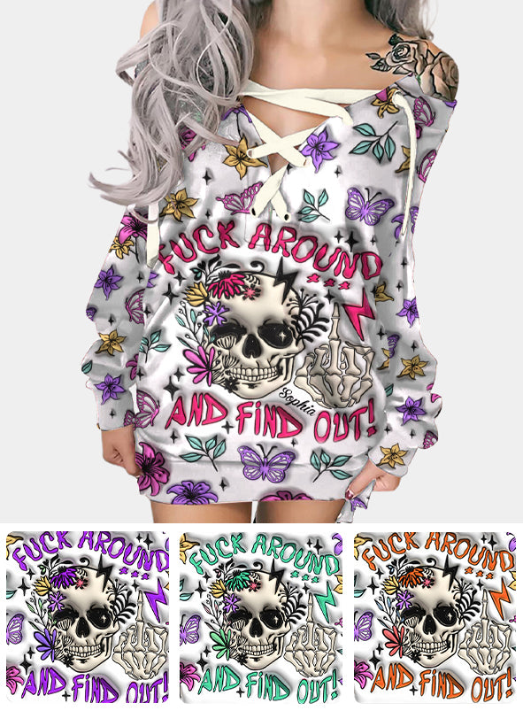 Verarsche es und finde es heraus – personalisiertes Totenkopf-Kleid mit schulterfreiem Oberteil und langen Ärmeln