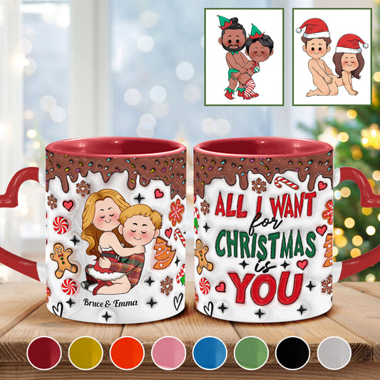 All I Want For Christmas Is You - Personalized Couple Heart Handle Mug