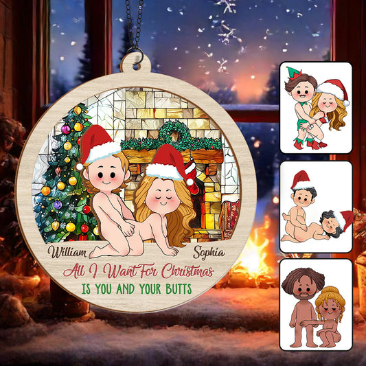 Alles, was ich mir zu Weihnachten wünsche, bist du und dein Po – Personalisierter, zweilagiger Fensterhänger für Paare