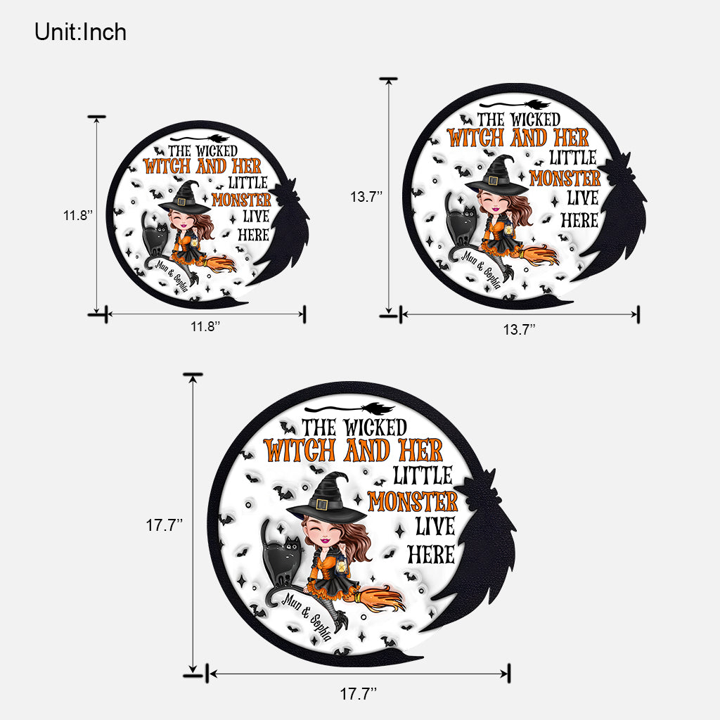 Die böse Hexe und ihre kleinen Monster wohnen hier - Personalisiertes Hexen-Holzschild in individueller Form