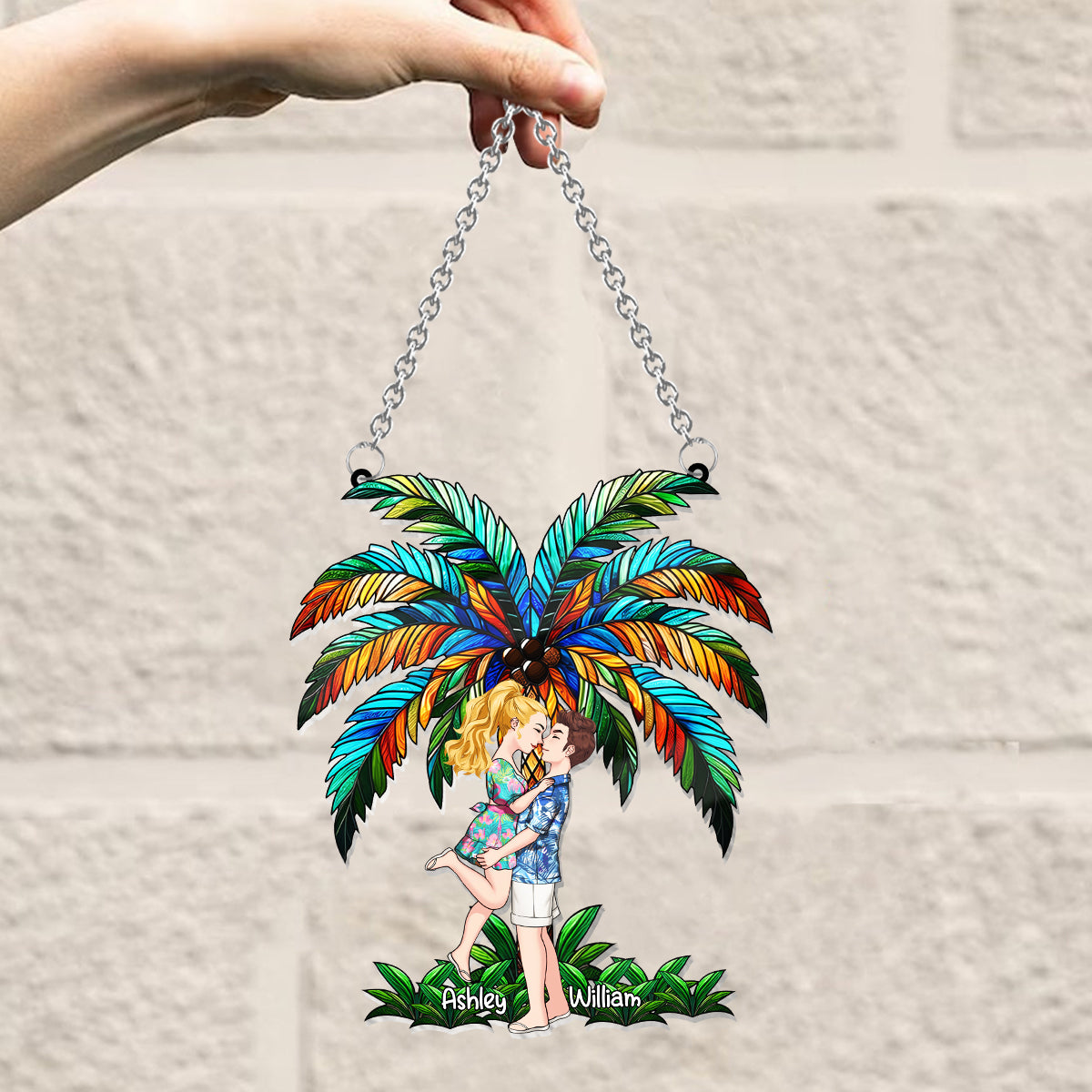 Romantic Couple Under The Palm Tree - Personalized Couple Window Hanging Suncatcher Ornament