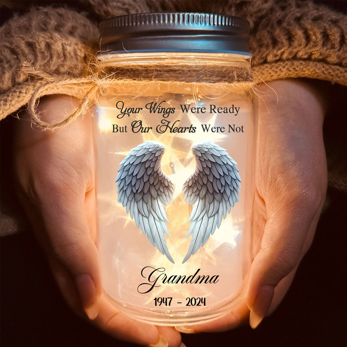 Beautiful Angle Wings - Personalized Memorial Mason Jar Light
