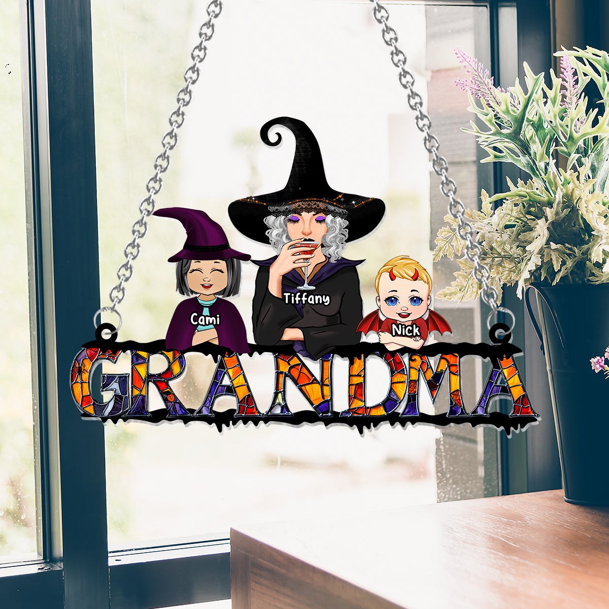 Halloween-Oma-Motiv – Personalisierter Oma-Fensterhänger als Sonnenfänger 