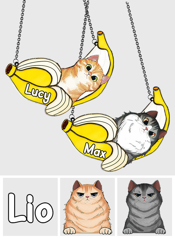 Lustige Katze in einer Banane – Personalisierter Katzen-Fensterhänger als Sonnenfänger 