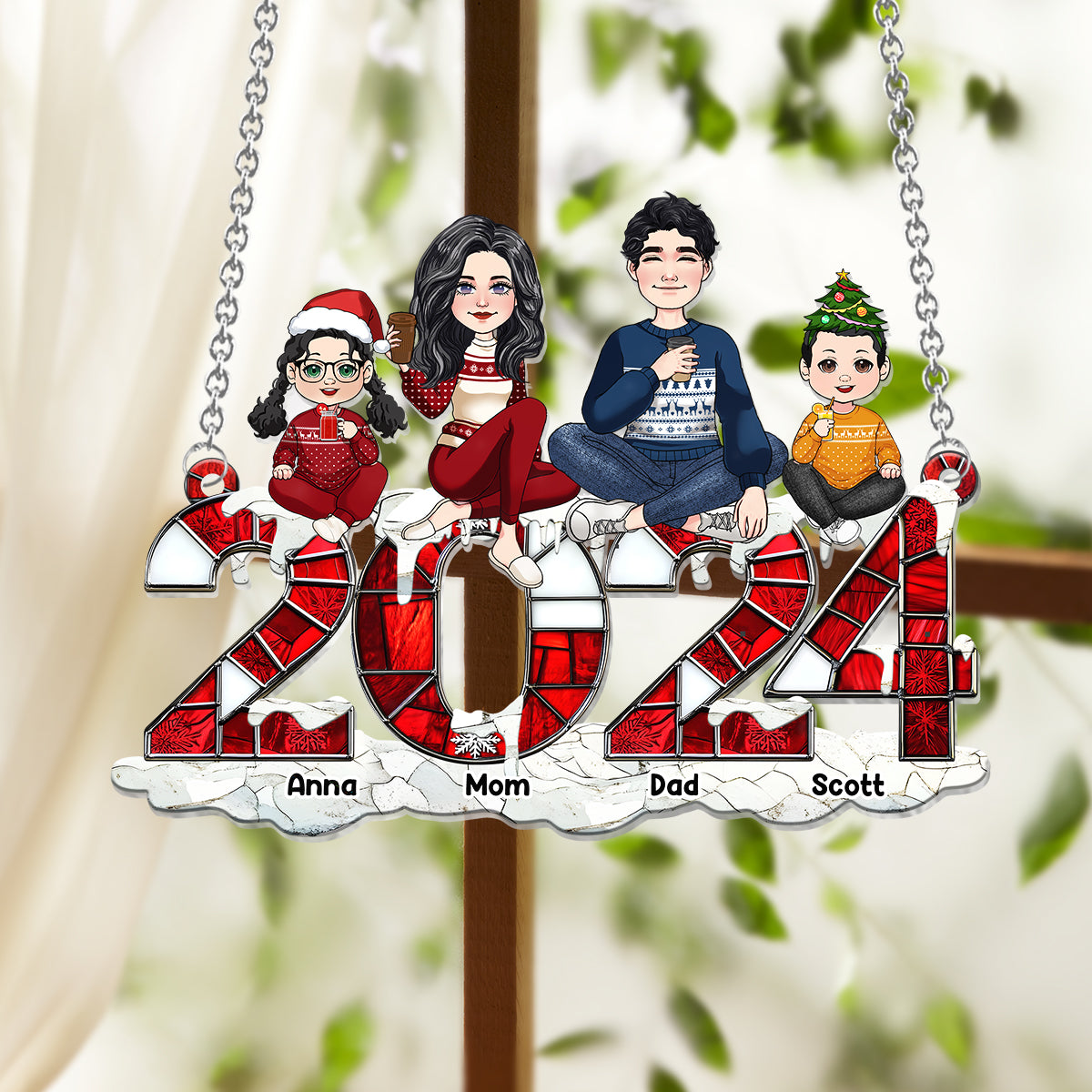 Weihnachten 2024 – Personalisierter Familien-Fensterhänger-Sonnenfänger als Ornament 