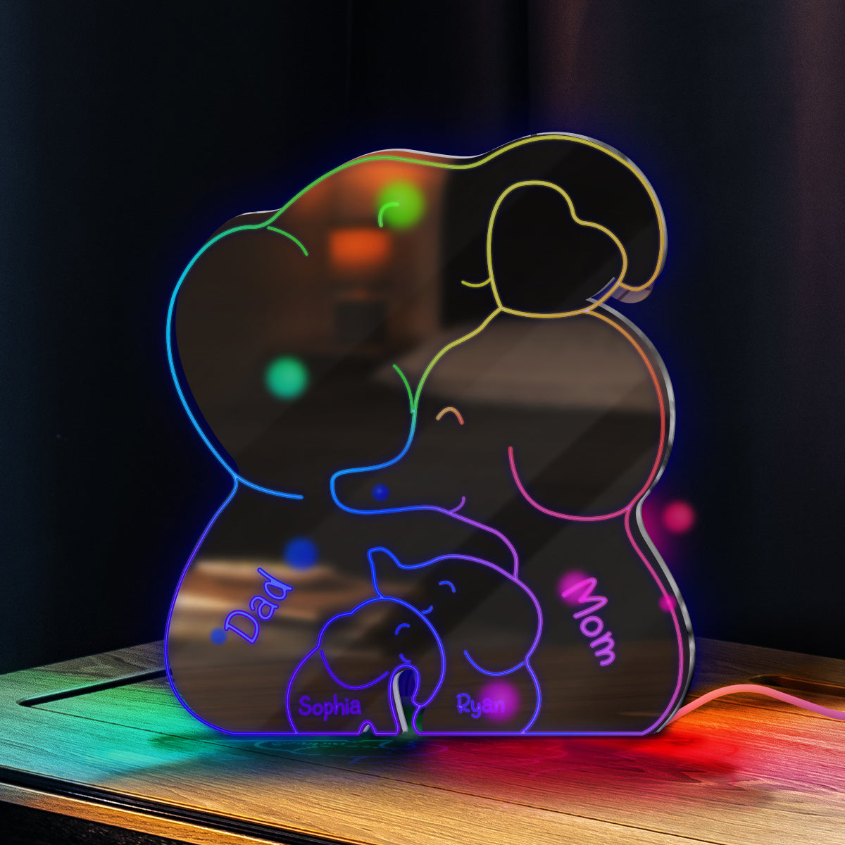 Elefantenfamilie – Personalisierter Familienspiegel mit Leuchte