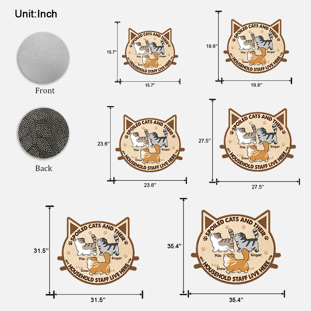 Hier wohnen verwöhnte Katzen und ihr Hauspersonal – personalisierte Fußmatte in Katzenform