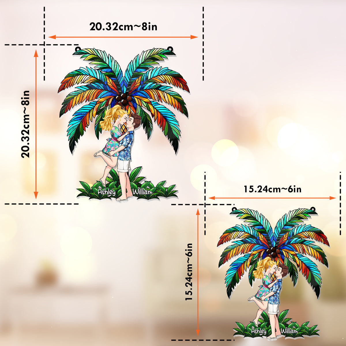 Romantic Couple Under The Palm Tree - Personalized Couple Window Hanging Suncatcher Ornament