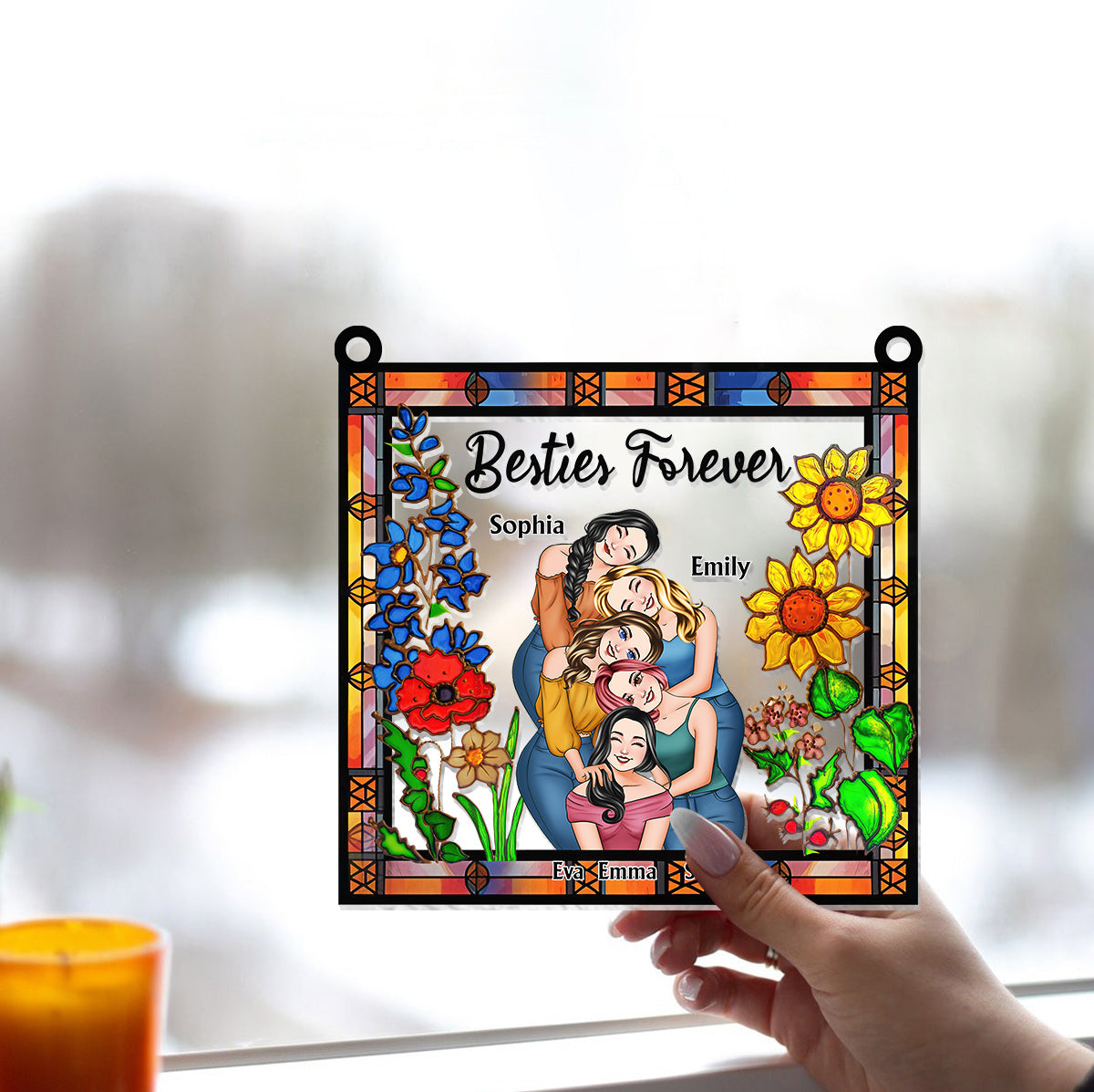 Besties Forever Floral Style - Personalisierter Bestie-Fensterhänger-Sonnenfänger 