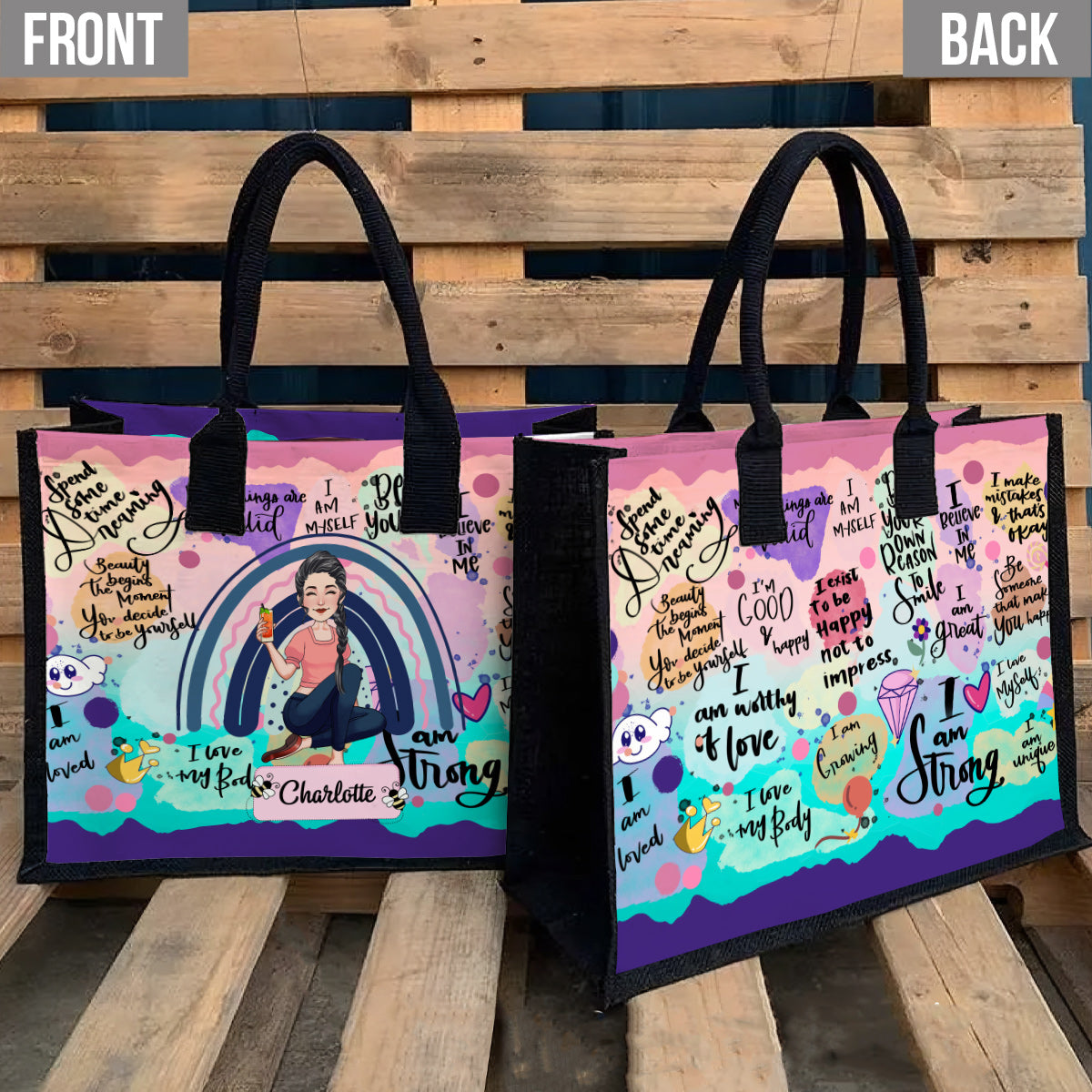 Positive Affirmationen für Selbstfürsorge – Personalisierte Tragetasche aus Canvas