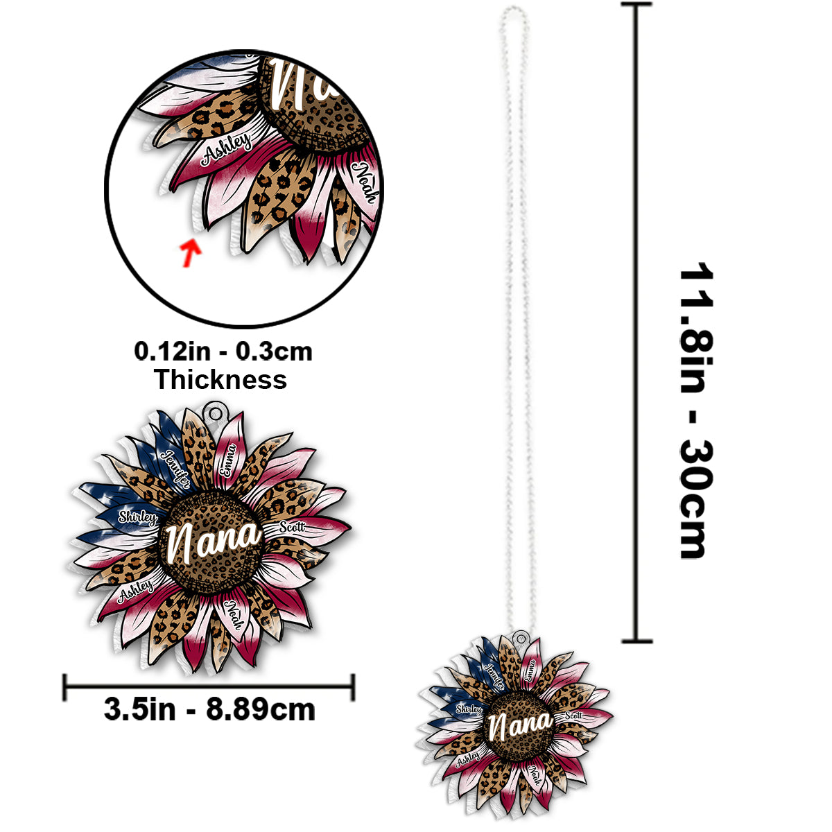 Omas Sonnenblumen-Flagge zum 4. Juli – Personalisierter, individuell geformter Autoanhänger in Oma-Form