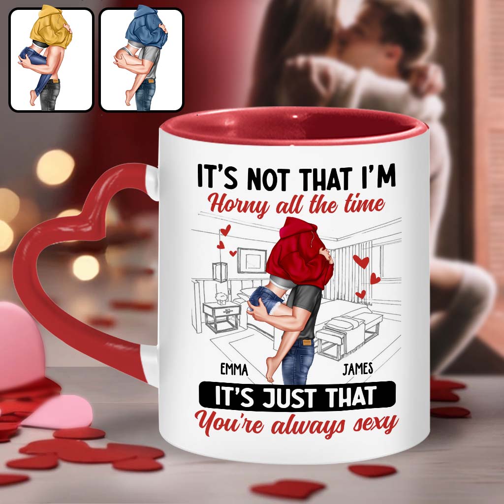 „Ich bin nicht ständig geil“ – personalisierte Tasse mit Herzgriff für Paare