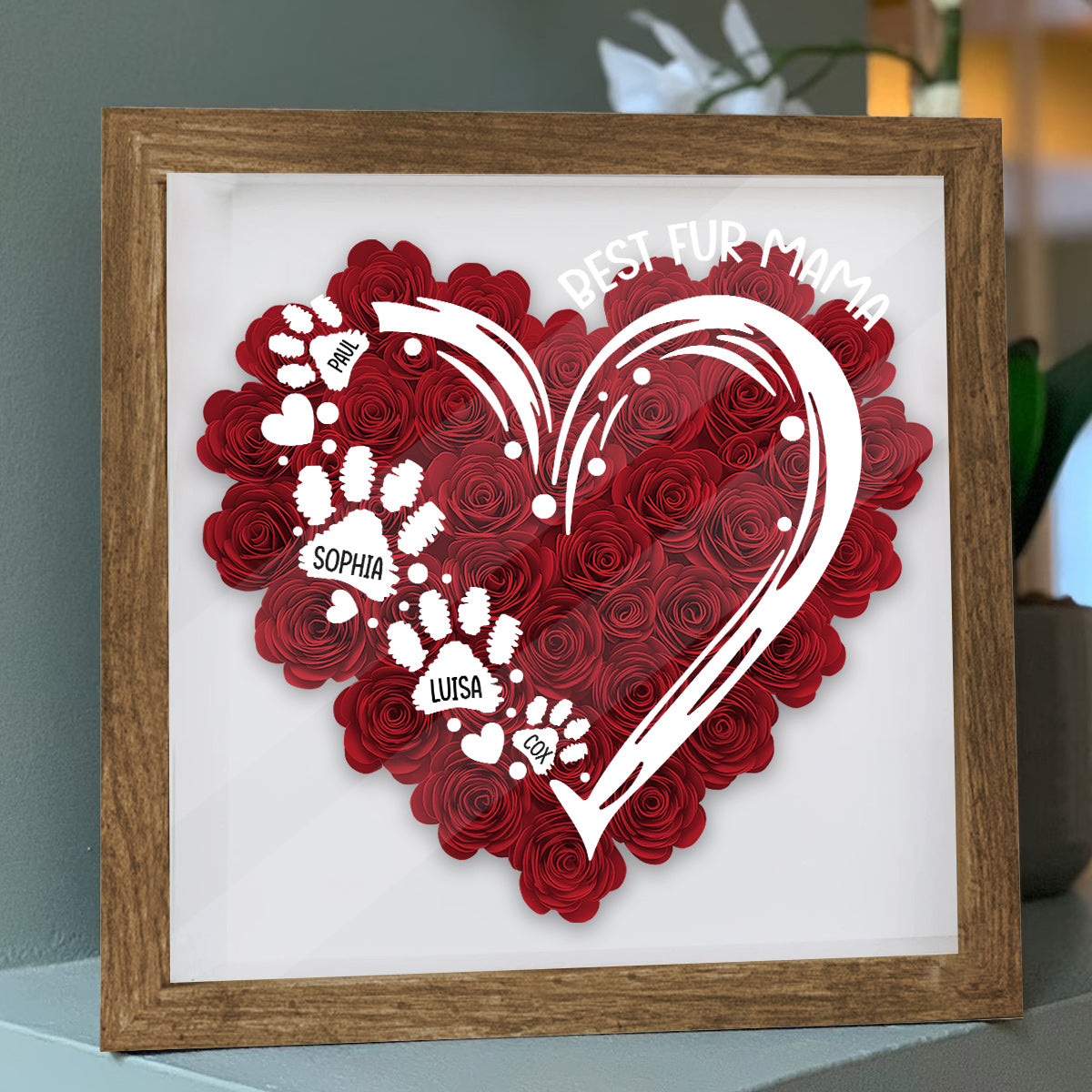 Die beste Hundemama aller Zeiten – Personalisierte Hunde-Blumen-Schattenbox