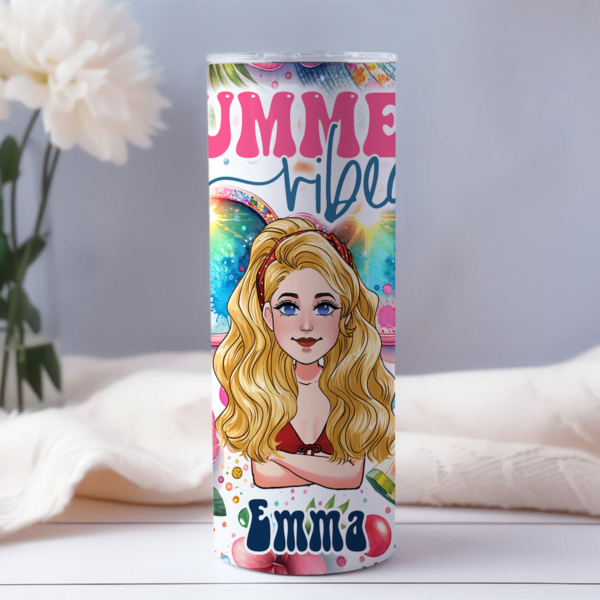 Sommerfeeling – Personalisierter, schlanker Trinkbecher für Meeresliebhaber