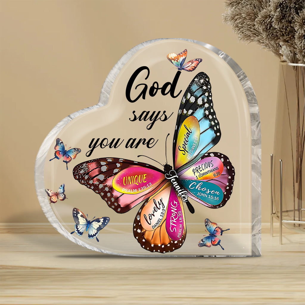 Gott sagt, du bist es – Personalisierte Acrylplakette in Schmetterlingsform