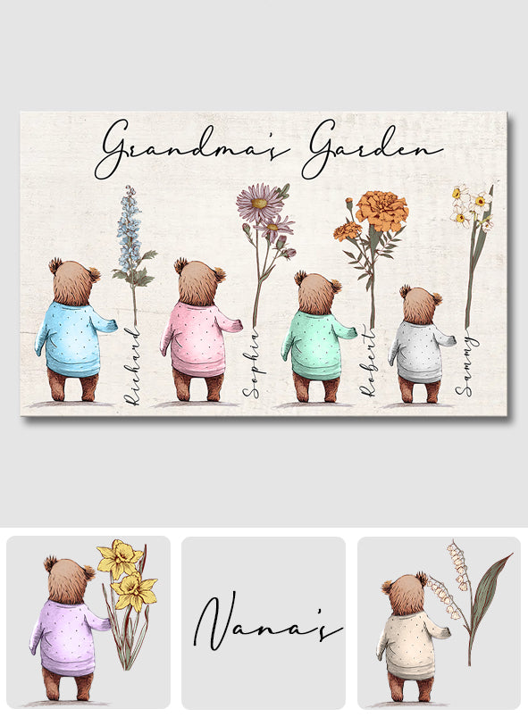 Omas Garten: Babybären, Geburtsblumen – Personalisierte Leinwand und Poster