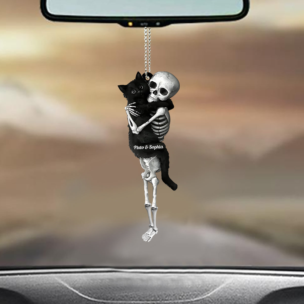 Funny Skeleton & Cat - Personalized Black Cat Custom Shaped Car Ornament