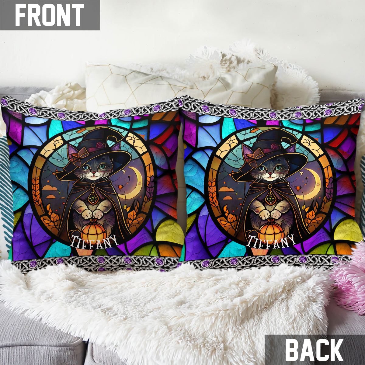 Beautiful Stained Glass Witch Black Cat - Personalized Black Cat Throw Pillow