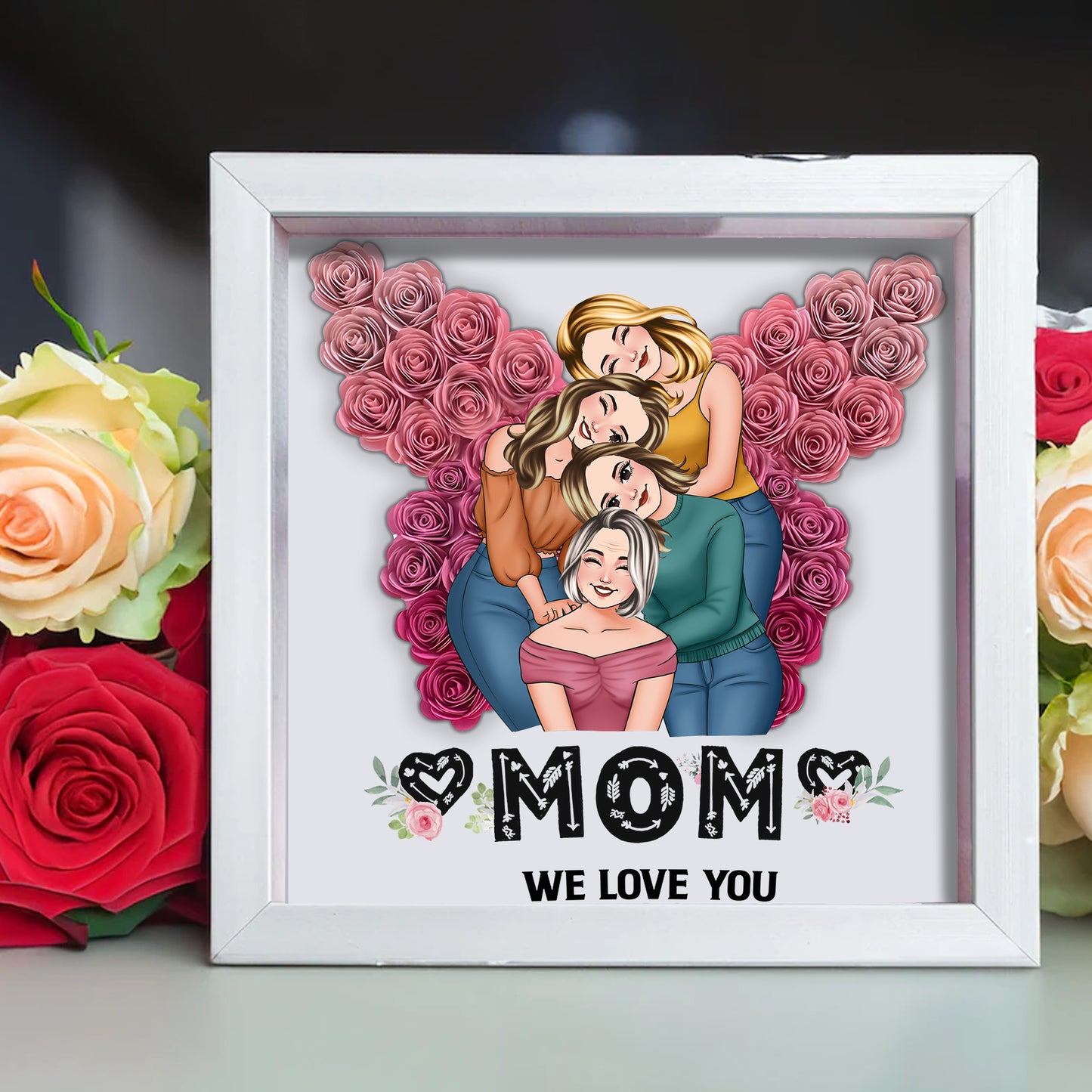Mama, wir lieben dich, Schmetterling – personalisierte Mutter-Schattenbox in individueller Blumenform