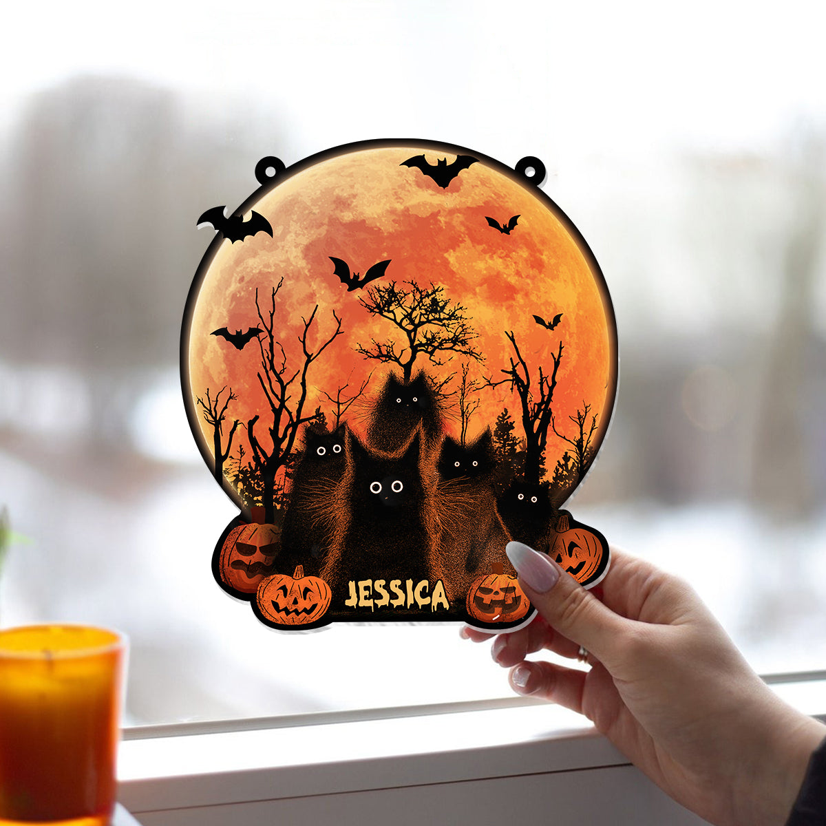 Halloween-Mond mit schwarzer Katze – Personalisierter Fensterhänger mit schwarzer Katze als Sonnenfänger 