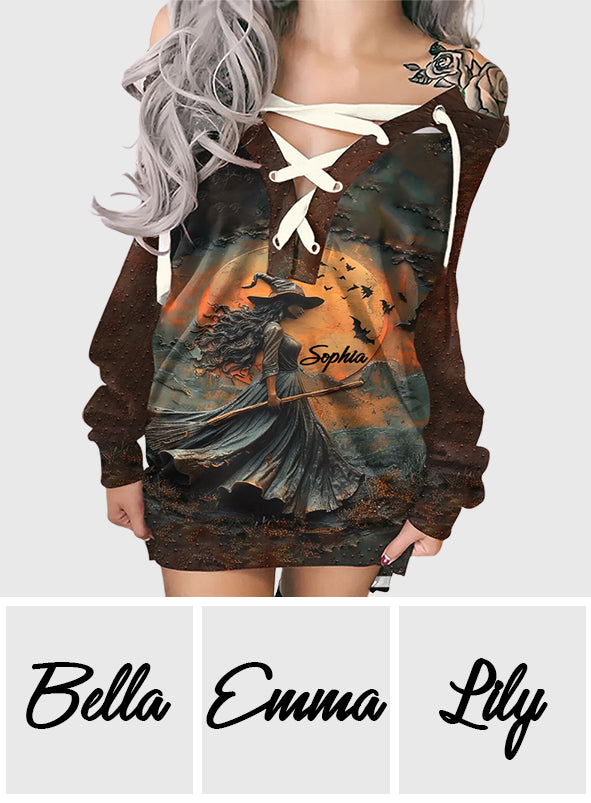 Wunderschönes Hexenkleid – personalisiertes schulterfreies Langarmkleid