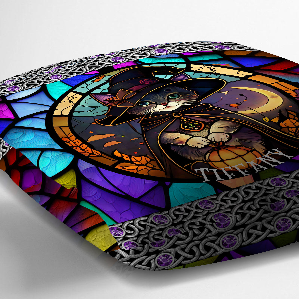 Beautiful Stained Glass Witch Black Cat - Personalized Black Cat Throw Pillow
