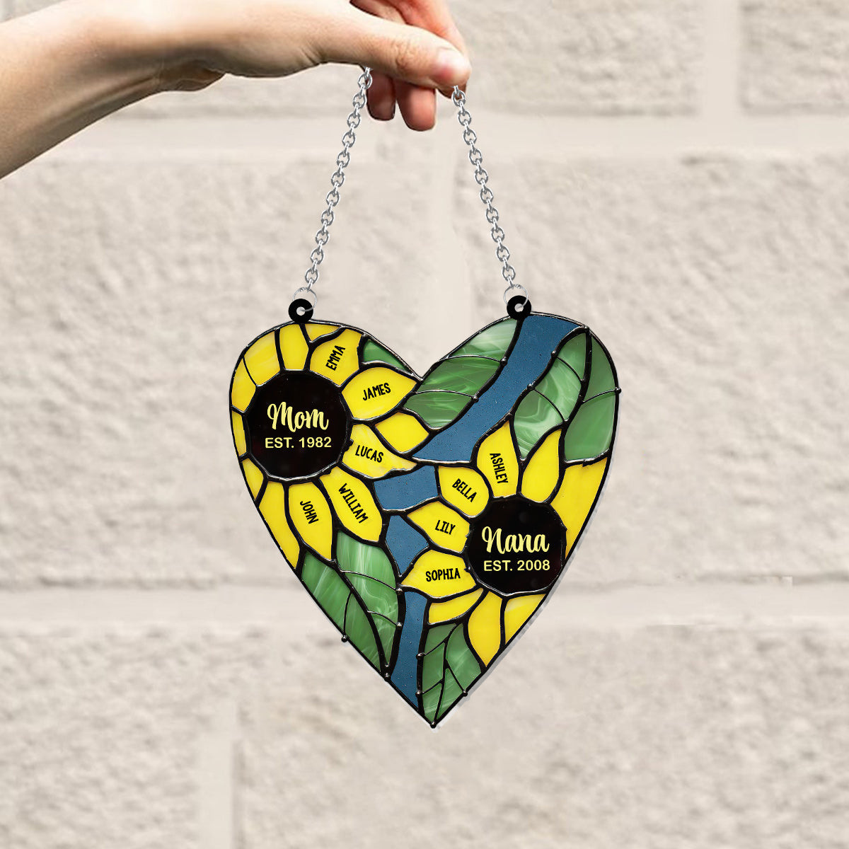 Mama Oma Grüne Herz-Sonnenblume - Personalisierter Oma-Fensterhänger-Sonnenfänger 
