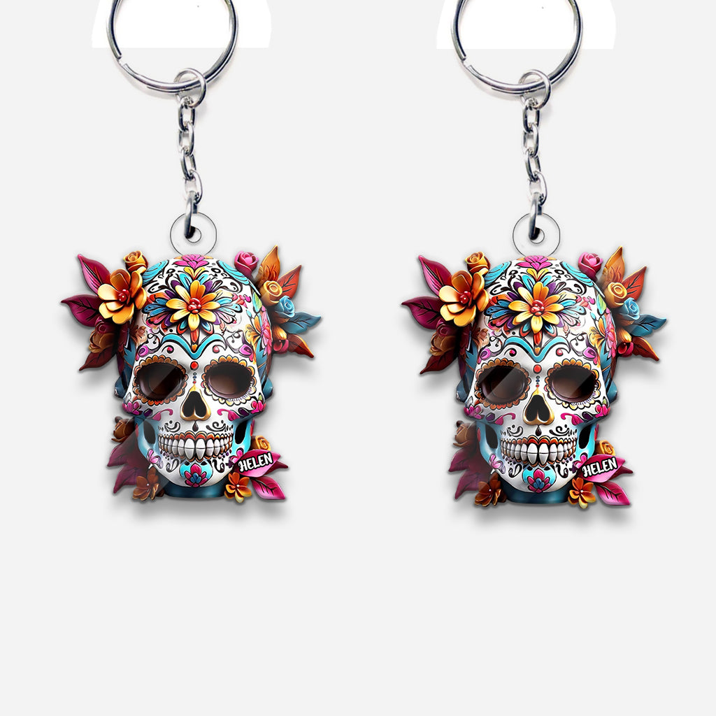 Floral Sugar Skull - Personalized Skull Custom Shaped Keychain