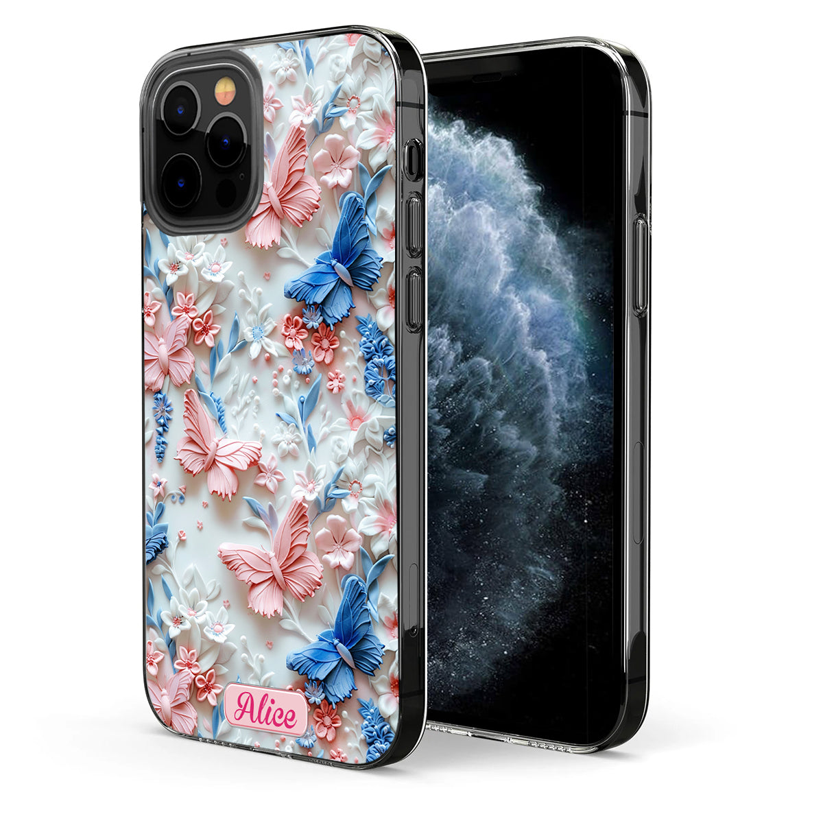 Rosa und blaue Schmetterlinge – Personalisierte transparente Schmetterlings-Handyhülle