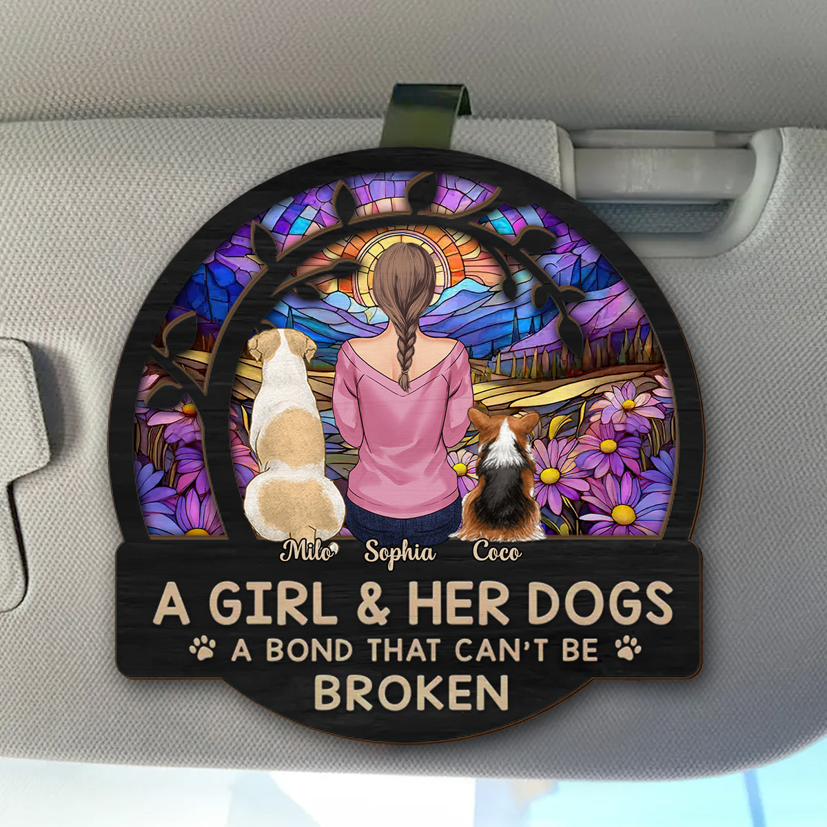 A Girl With Her Dog - Personalized Dog Shaped Car Visor Clip