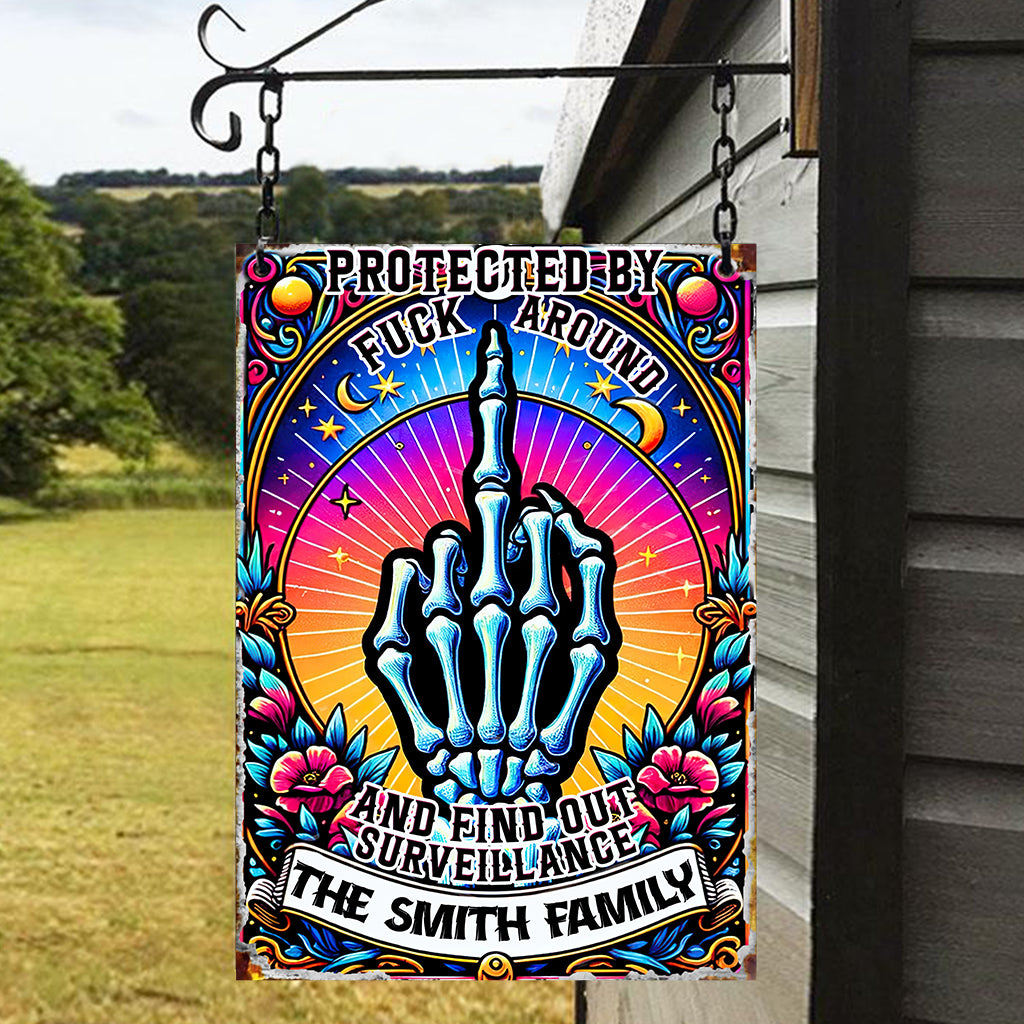 Protected by Fck Around and Find out Surveillance - Personalized Skull Rectangle Metal Sign