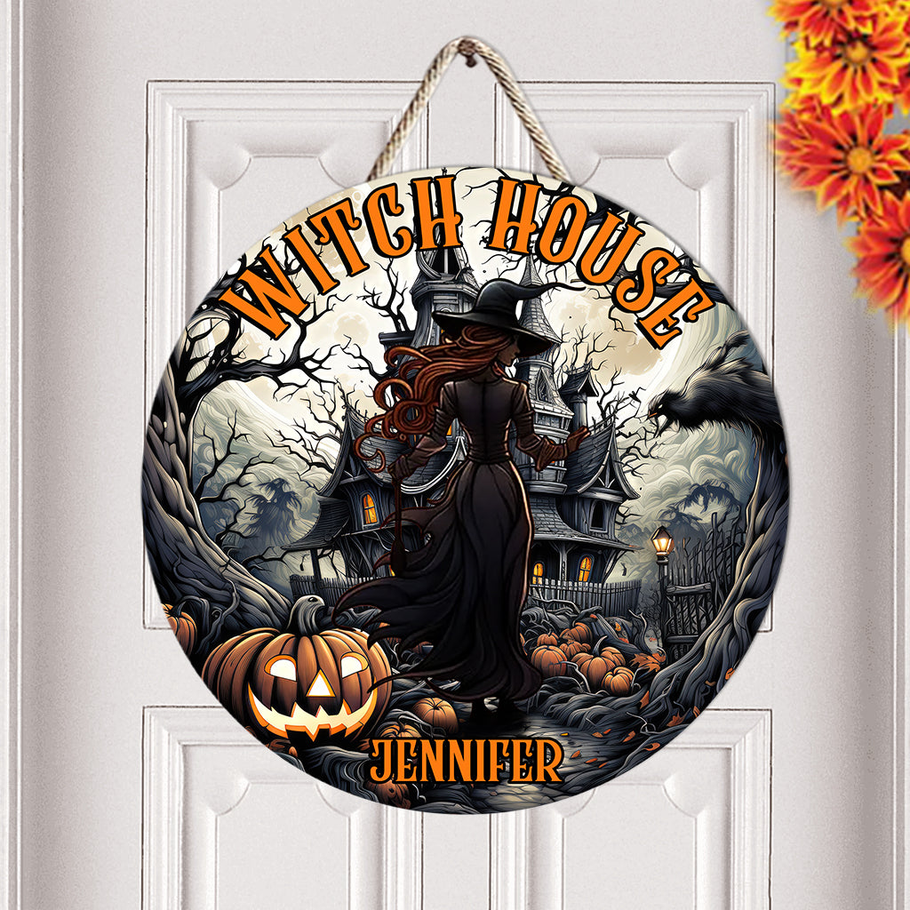 Hexenhaus - Personalisiertes rundes Hexen-Holzschild
