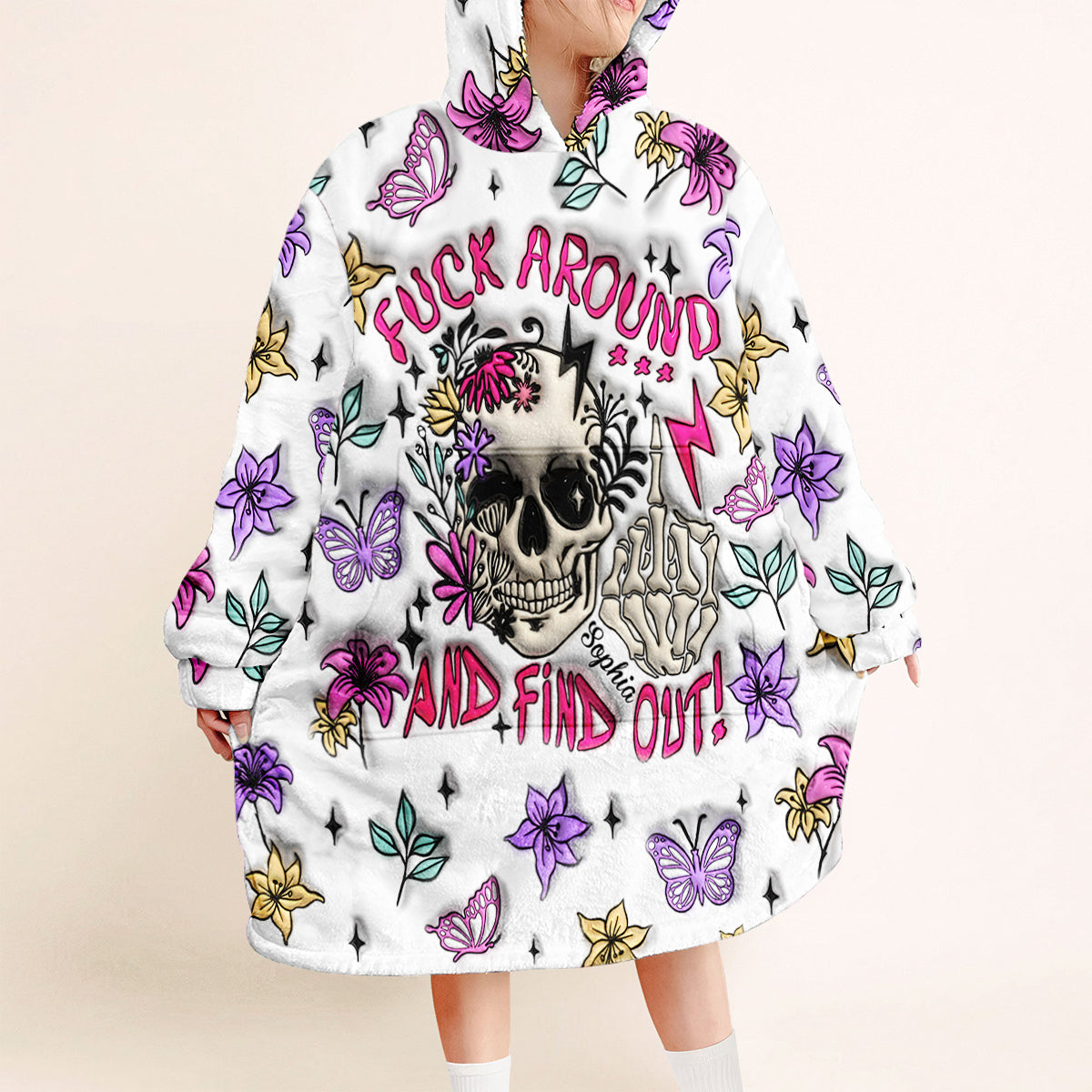 Fuck Around And Find Out - Personalized Skull Blanket Hoodie