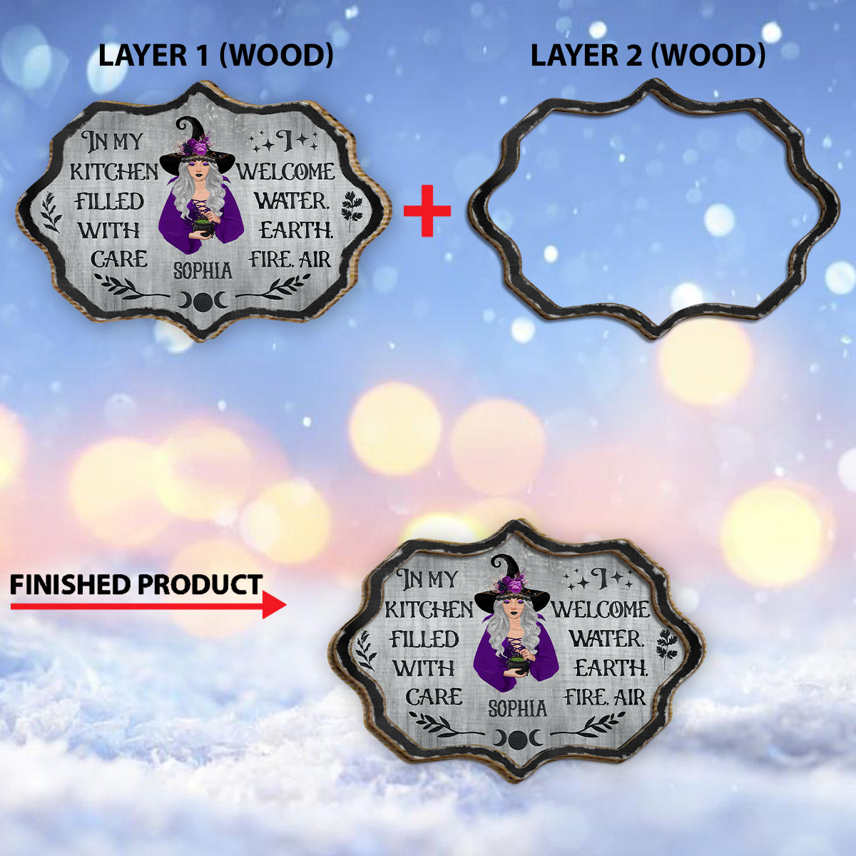 Hexenküche – Personalisiertes Hexen-Holzschild (2-lagig) / Holzplakette