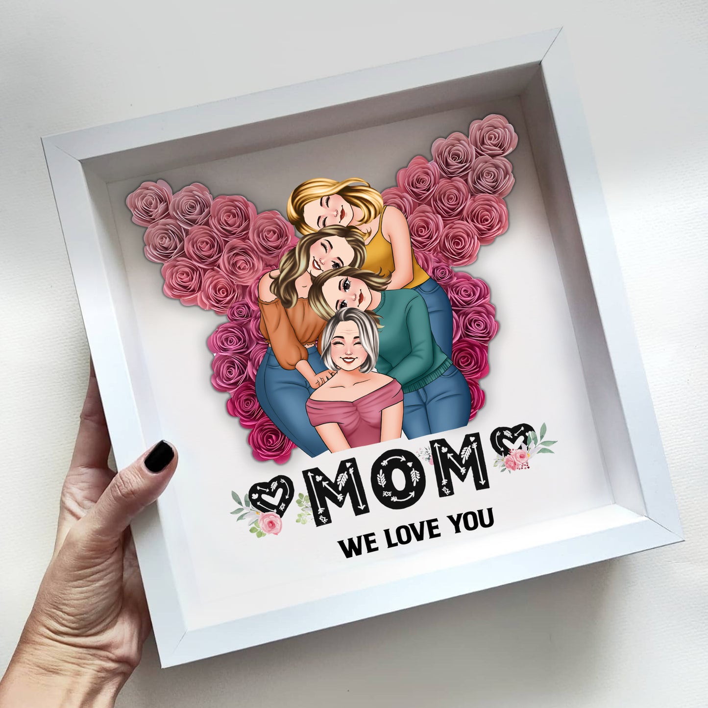 Mama, wir lieben dich, Schmetterling – personalisierte Mutter-Schattenbox in individueller Blumenform