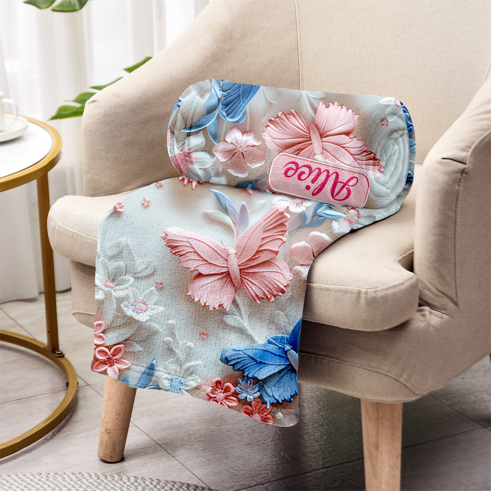 Personalisierte Schmetterlingsdecke mit rosa und blauen Schmetterlingen
