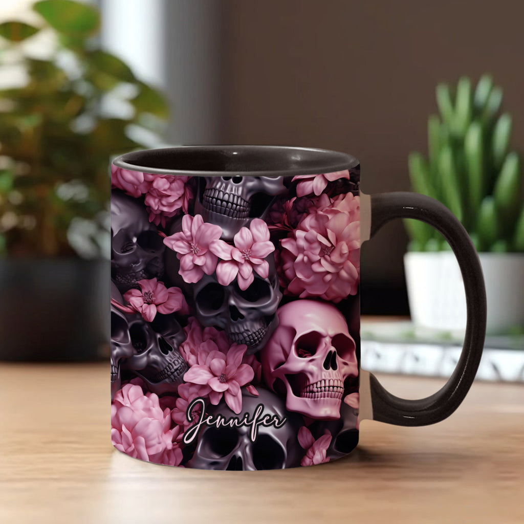 Pink Flowers Black Skulls - Personalized Skull Accent Mug