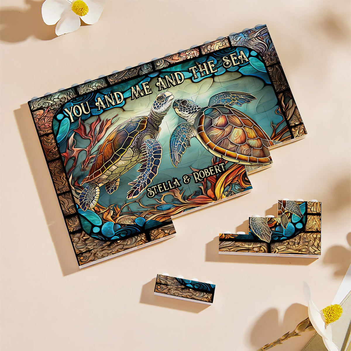 Wunderschöne Schildkröten-Glasmalerei „Du und Ich“ – Personalisierte Schildkröten-Bausteine, einseitig, horizontal, rechteckig